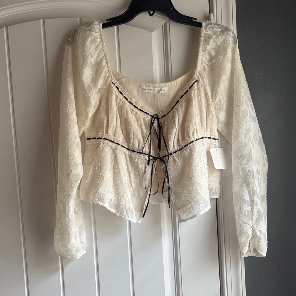 Altar'd State Cream Lace Crop Top with Black Accents